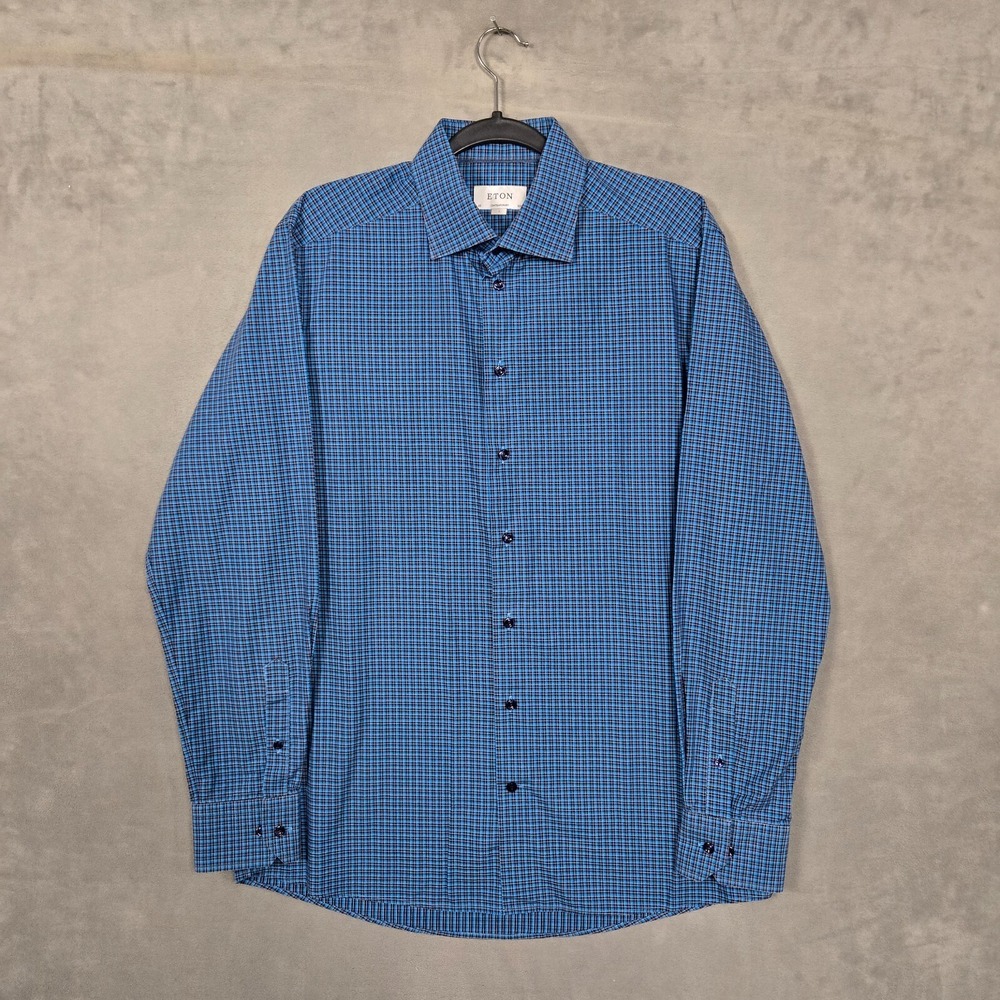 Eton Contemporary Dress Shirt Mens 42/16.5 (L) Blue plaid check Long‎ sleeve